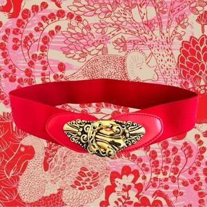 VTG Red Stretch Gold Baroque Buckle Belt Size S/M